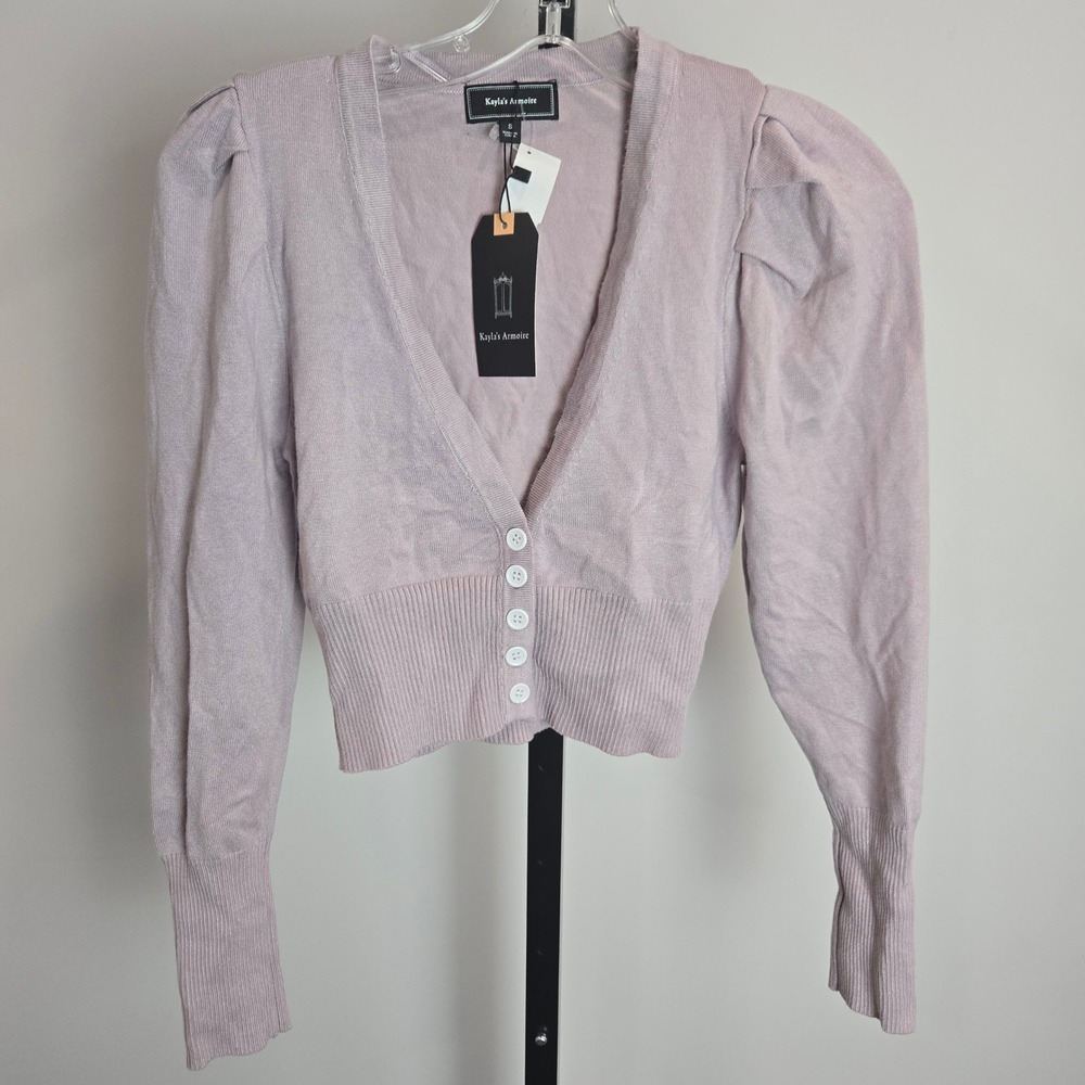 Kayla's Armoire Mauve Pleated Puff Sleeve Crop Button Cardigan Small Coastal NEW